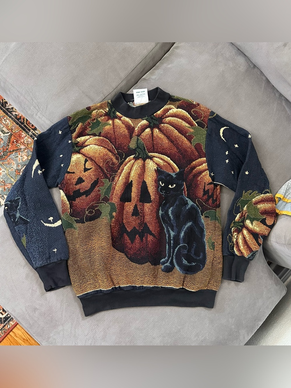 Sugar Street Weavers Halloween Black Cat Pumpkin Moon Tapestry Sweater Size XL